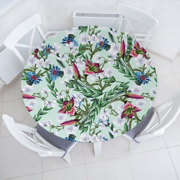 Ambesonne Tropical Fitted Round Tablecloth, Wild Flowers Lilies Plot, 36"- 40" Diameter, Fern Green and Raspberry