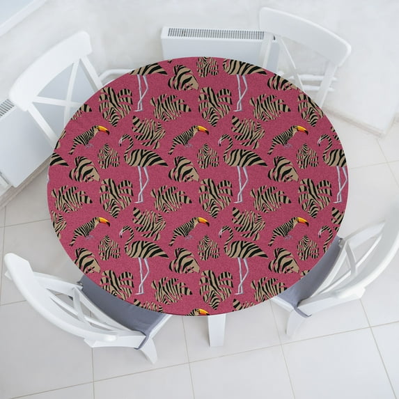 Ambesonne Tropical Fitted Round Tablecloth, Wild Zebra Flamingo Toucan, 56"- 60" Diameter, Warm Taupe Charcoal Grey