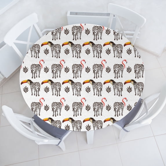 Ambesonne Tropical Fitted Round Tablecloth, Zebra Art Birds Toucan, 36"- 40" Diameter, Pastel Pink Orange Brown
