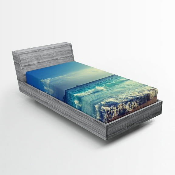 Ambesonne Tropical Fitted Sheet 2 Pcs Set, Beach Sunset Waves, Twin, Cream Turquoise