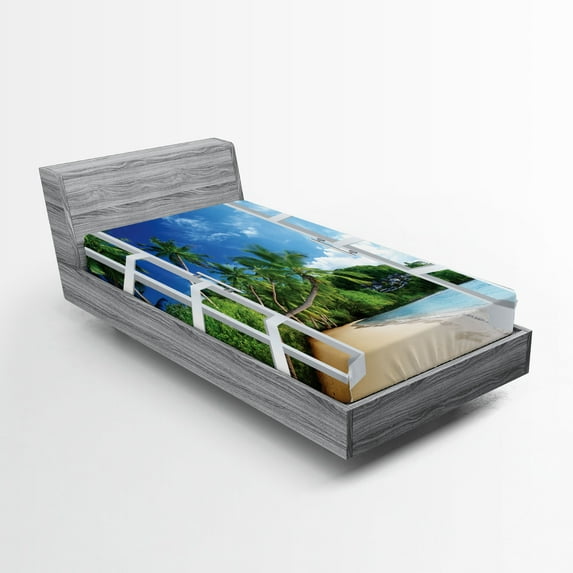 Ambesonne Tropical Fitted Sheet 2 Pcs Set, Green Colored Window View, Twin XL, Multicolor