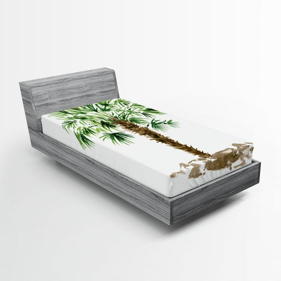 Ambesonne Tropical Fitted Sheet 2 Pcs Set, Hawaiian Palm Tree, Twin XL, Fern Green Brown