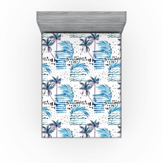 Ambesonne Tropical Fitted Sheet, Abstract Palm Zigzag Art, Full Size, Sea Blue Cadet Blue White