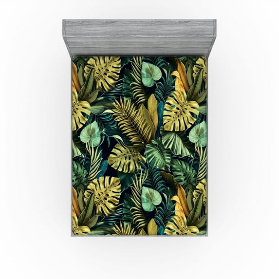 Ambesonne Tropical Fitted Sheet, Art Exotic Monstera Leaves, Queen Size, Dark Teal Olive Green