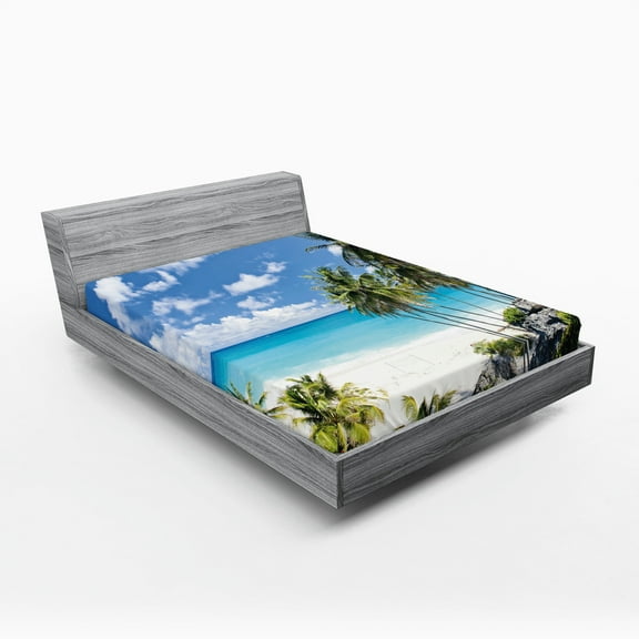 Ambesonne Tropical Fitted Sheet, Barbados Beach Ocean, California King, Multicolor