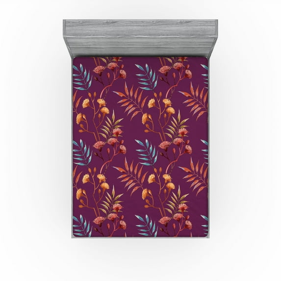 Ambesonne Tropical Fitted Sheet, Bohemian Wild Leaves Art, Queen Size, Dark Magenta Vermilion