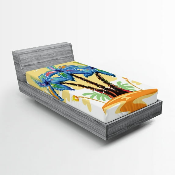 Ambesonne Tropical Fitted Sheet, Cartoon Island Sunset, Twin Size, Blue Orange