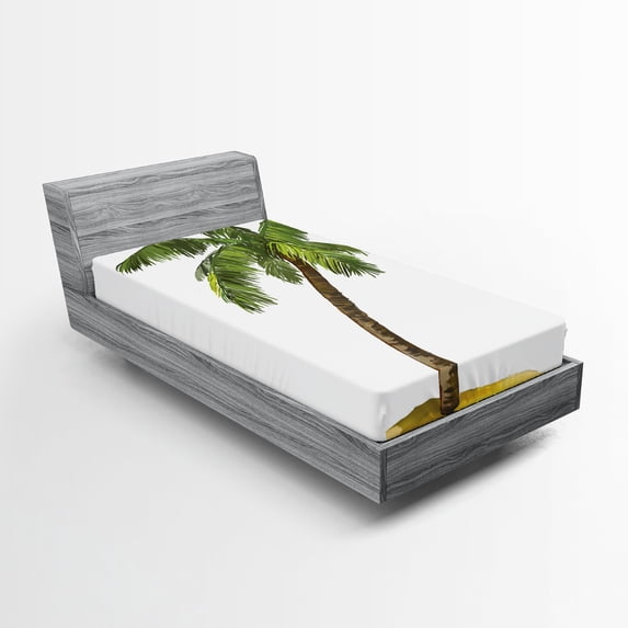 Ambesonne Tropical Fitted Sheet, Cartoon Palm Trees, Twin XL Size, Green Brown