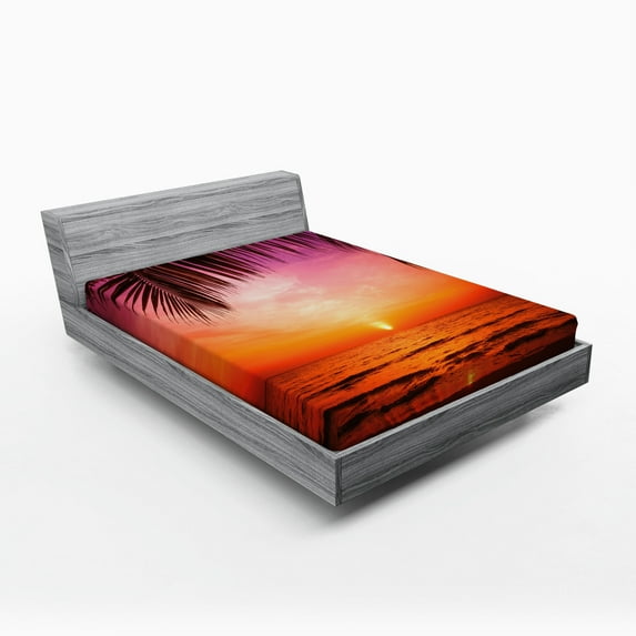 Ambesonne Tropical Fitted Sheet, Coconut Palm Tree Leaf, Full Size, Pink Orange