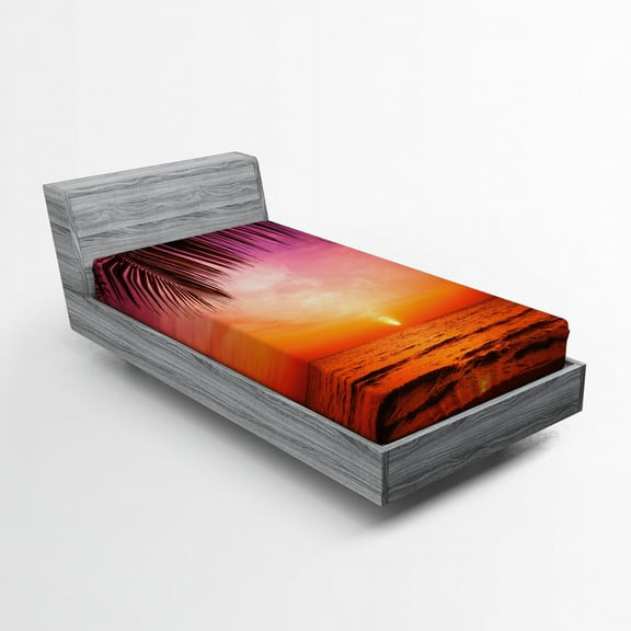 Ambesonne Tropical Fitted Sheet, Coconut Palm Tree Leaf, Twin Size, Pink Orange