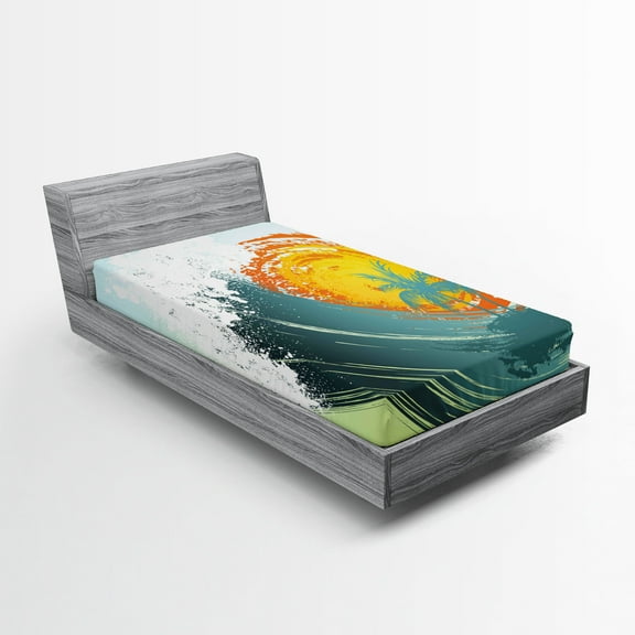 Ambesonne Tropical Fitted Sheet, Coconut Palm Trees, Twin XL Size, Green Petrol Blue