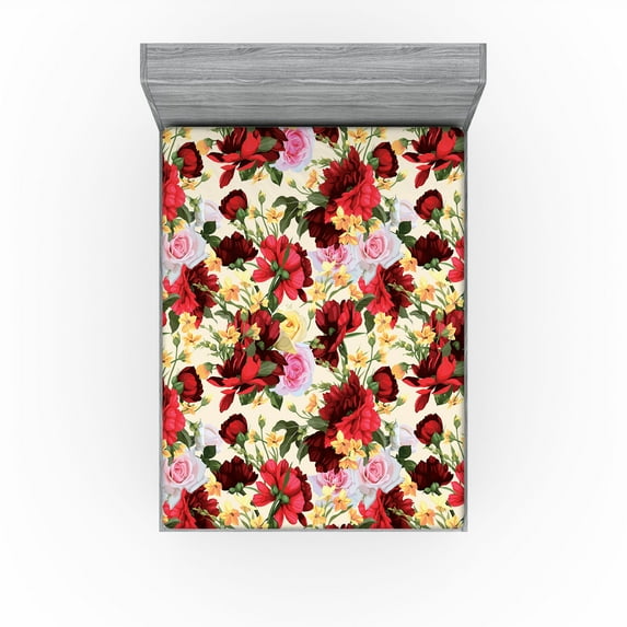 Ambesonne Tropical Fitted Sheet, Colorful Abstract Roses, King Size, Dark Pink and Pastel Yellow