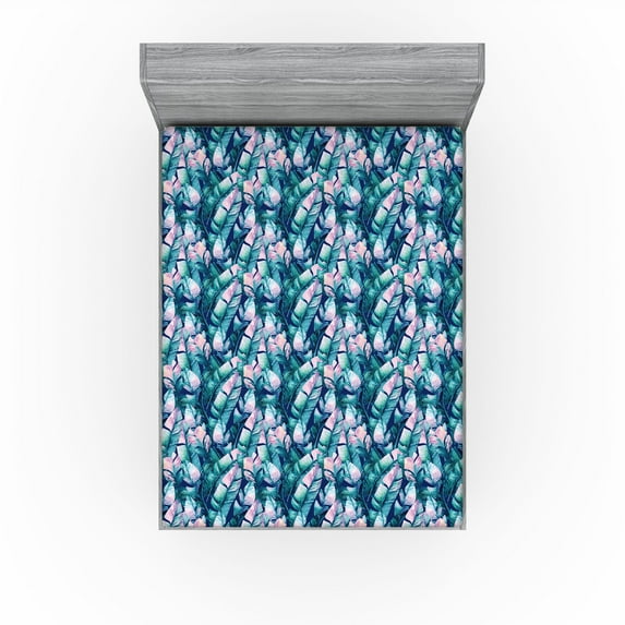 Ambesonne Tropical Fitted Sheet, Colorful Art Banana Leaves, King Size, Teal Pale Pink and Navy Blue
