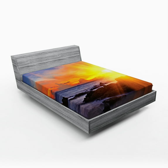 Ambesonne Tropical Fitted Sheet, Colorful Sunset Sky, Full Size, Orange Blue