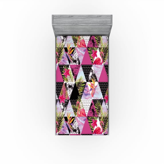 Ambesonne Tropical Fitted Sheet, Contemporary Leafy Art, Twin XL Size, Magenta Pistachio Green