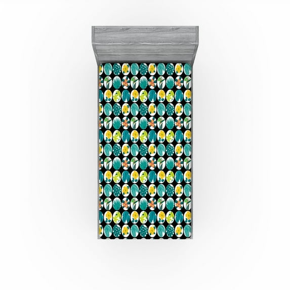 Ambesonne Tropical Fitted Sheet, Continuous Flowers Leaves, Twin XL Size, Teal Mustard and Black