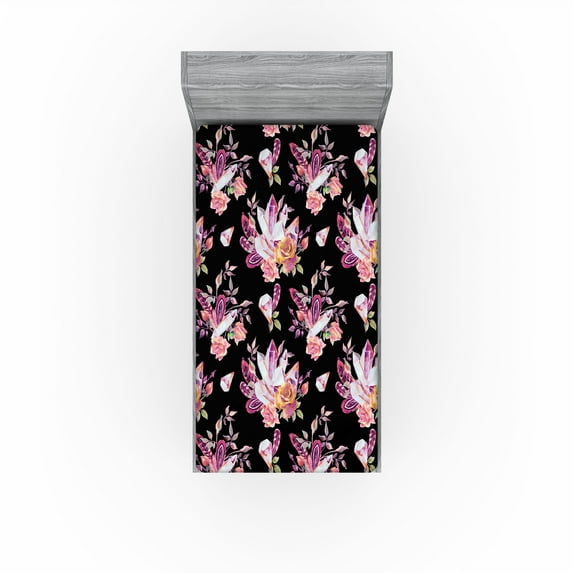 Ambesonne Tropical Fitted Sheet, Crystal Gems Roses Art, Twin XL Size, Dark Magenta and Khaki