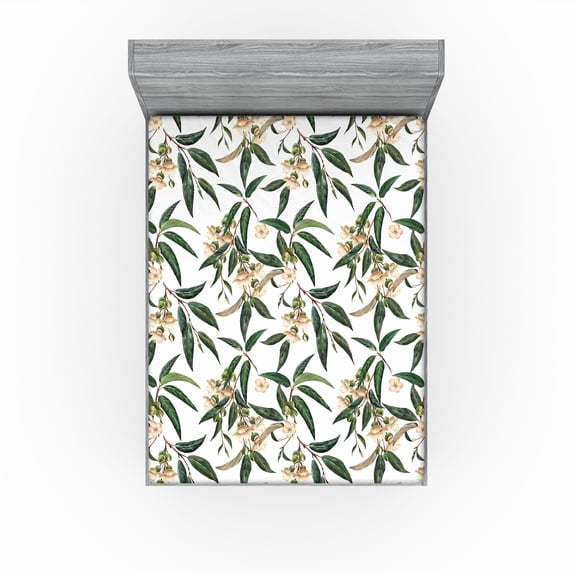 Ambesonne Tropical Fitted Sheet, Durian Botanical Motifs, Queen Size, Hunter Green and Warm Taupe