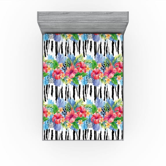 Ambesonne Tropical Fitted Sheet, Exotic Art Vertical Lines, Full Size, Dark Coral and Fern Green