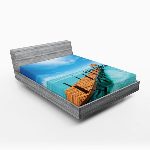 Ambesonne Tropical Fitted Sheet, Exotic Hawaii Wooden Pier, Full Size, Blue and Brown