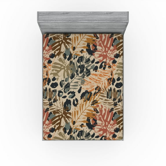 Ambesonne Tropical Fitted Sheet, Exotic Leaves Grunge Art, California King, Cinnamon and Green Brown