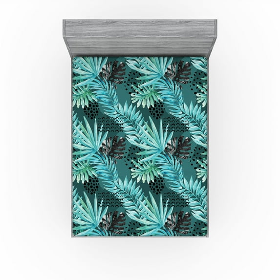 Ambesonne Tropical Fitted Sheet, Exotic Leaves Hand-Drawn, Full Size, Seafoam and Pale Blue