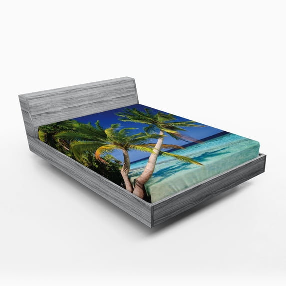 Ambesonne Tropical Fitted Sheet, Exotic Maldives Beach, Full Size, Fern Green Turquoise
