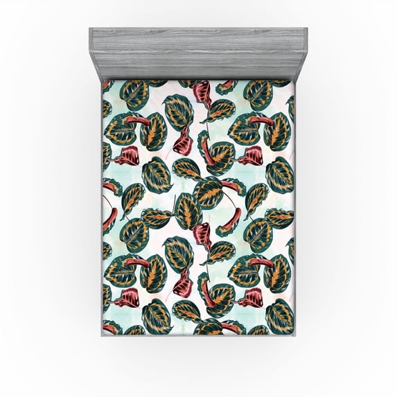 Ambesonne Tropical Fitted Sheet, Exotic Maranta Leaves Art, King Size, Teal Mint Green and Raspberry