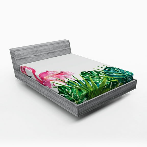 Ambesonne Tropical Fitted Sheet, Exotic Nature Flamingo, Queen Size, Green Pink Blue