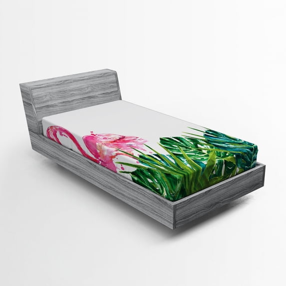 Ambesonne Tropical Fitted Sheet, Exotic Nature Flamingo, Twin XL Size, Green Pink Blue