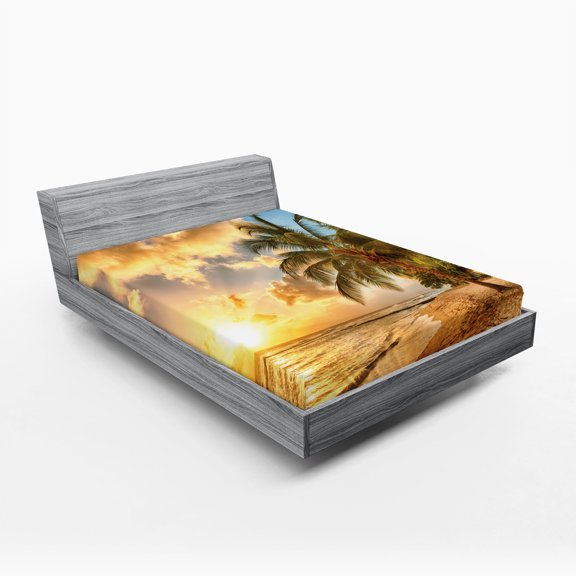 Ambesonne Tropical Fitted Sheet, Exotic Sandy Beach, California King, Cream Blue