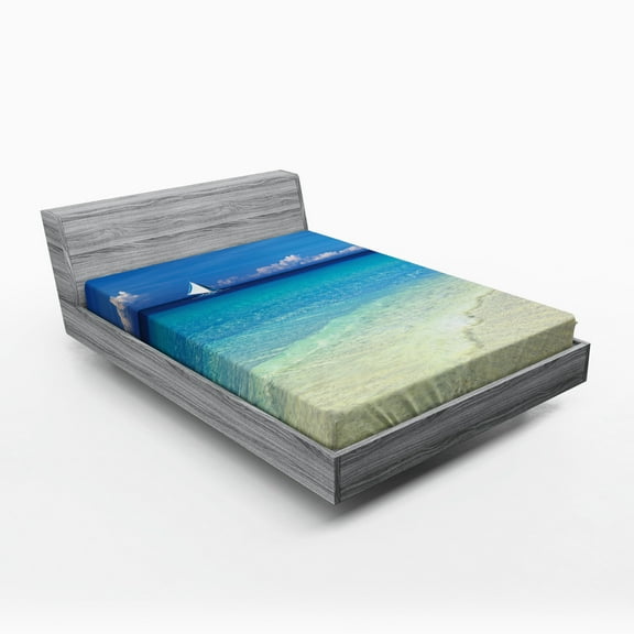 Ambesonne Tropical Fitted Sheet, Exotic Seashore View, Full Size, Turquoise Cream