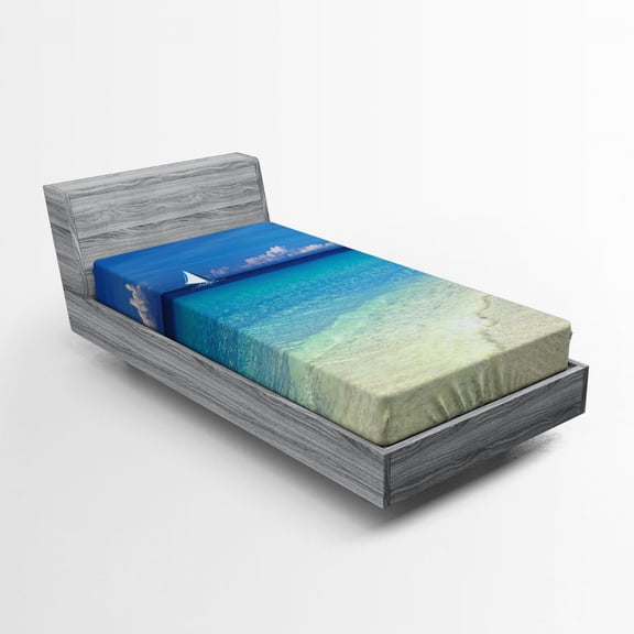 Ambesonne Tropical Fitted Sheet, Exotic Seashore View, Twin XL Size, Turquoise Cream