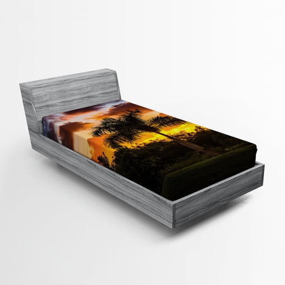 Ambesonne Tropical Fitted Sheet, Exotic Tree at Sunset, Twin Size, Orange Green