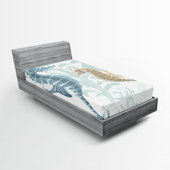 Ambesonne Tropical Fitted Sheet, Fishes in Soft Tones, Twin XL Size, Blue Cream