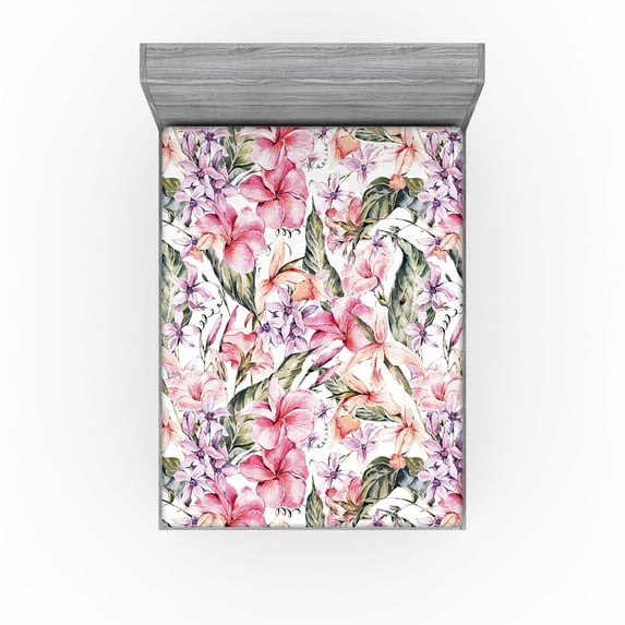 Ambesonne Tropical Fitted Sheet, Flora Art Exotic Foliage, Queen Size, Dark Coral Fawn and Sepia