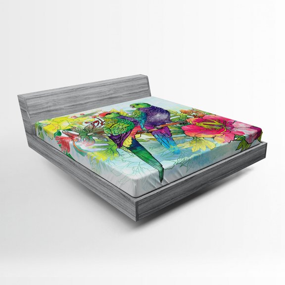 Ambesonne Tropical Fitted Sheet, Flowers Parrots Love, Queen Size, Multicolor