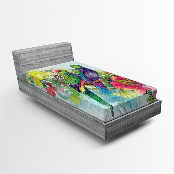 Ambesonne Tropical Fitted Sheet, Flowers Parrots Love, Twin XL Size, Multicolor