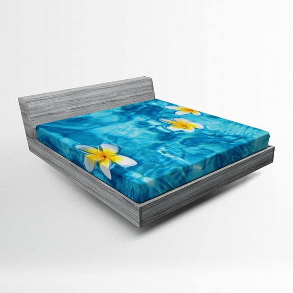 Ambesonne Tropical Fitted Sheet, Frangipani Flower Aqua, Full Size, Aqua Yellow White