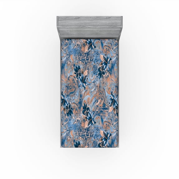 Ambesonne Tropical Fitted Sheet, Grunge Abstract Flora Plot, Twin XL Size, Pale Rust and Dark Sky Blue
