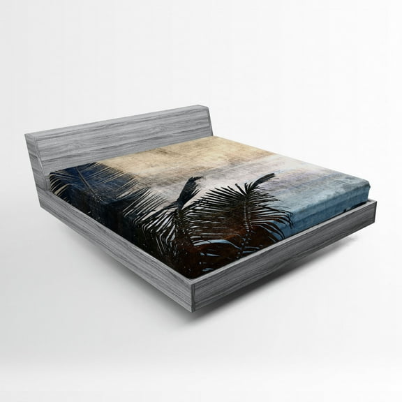 Ambesonne Tropical Fitted Sheet, Grunge Palm Trees Art, Full Size, Beige Navy
