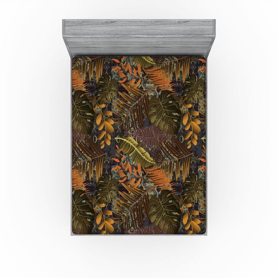 Ambesonne Tropical Fitted Sheet, Hawaii Aloha Monstera Art, Full Size, Forest Green Burnt Sienna