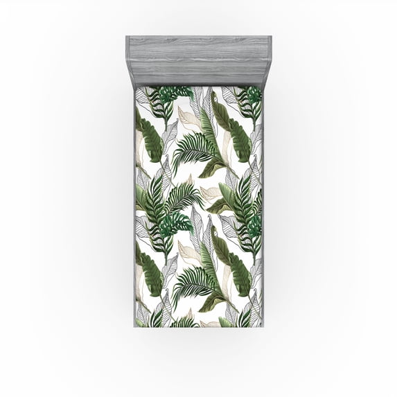 Ambesonne Tropical Fitted Sheet, Hawaii Exotic Palm Leaves, Twin XL Size, Army Green Emerald and White