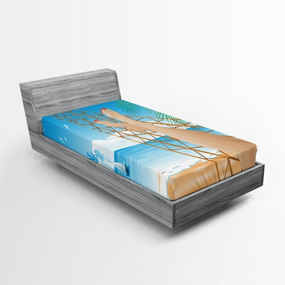 Ambesonne Tropical Fitted Sheet, Hawaiian Ocean Hammock, Twin Size, Cream and Blue