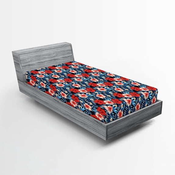 Ambesonne Tropical Fitted Sheet, Hibiscus Plumeria, Twin Size, Multicolor