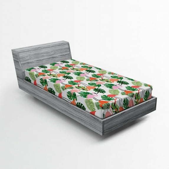 Ambesonne Tropical Fitted Sheet, Hipster Flamingo Monstera, Twin Size, Salmon Pink