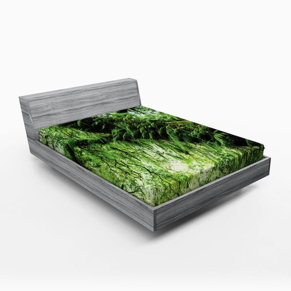 Ambesonne Tropical Fitted Sheet, Idyllic Spring Jungle, Full Size, Green Brown