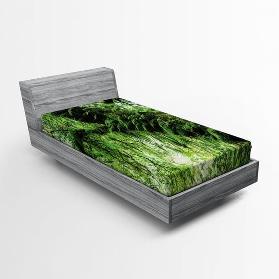 Ambesonne Tropical Fitted Sheet, Idyllic Spring Jungle, Twin XL Size, Green Brown