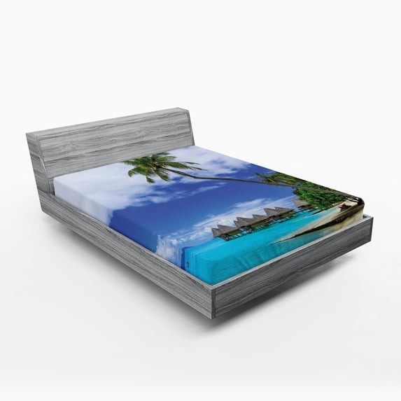 Ambesonne Tropical Fitted Sheet, Island Pasific Ocean, Queen Size, White Green Blue