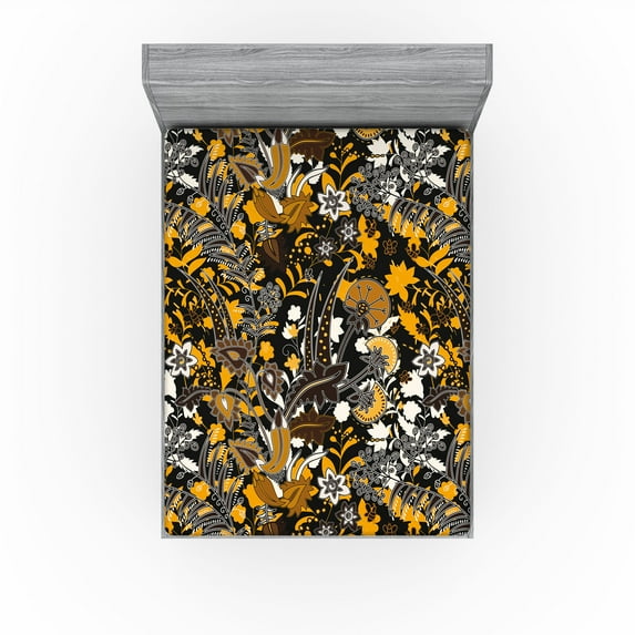 Ambesonne Tropical Fitted Sheet, Jumble Jungle Scene Print, California King, Marigold White Umber